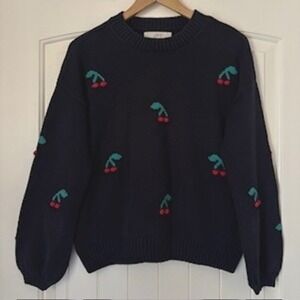 Cherry Embroidered LOFT Navy Blue Crewneck Sweater Women's Whimsical XS